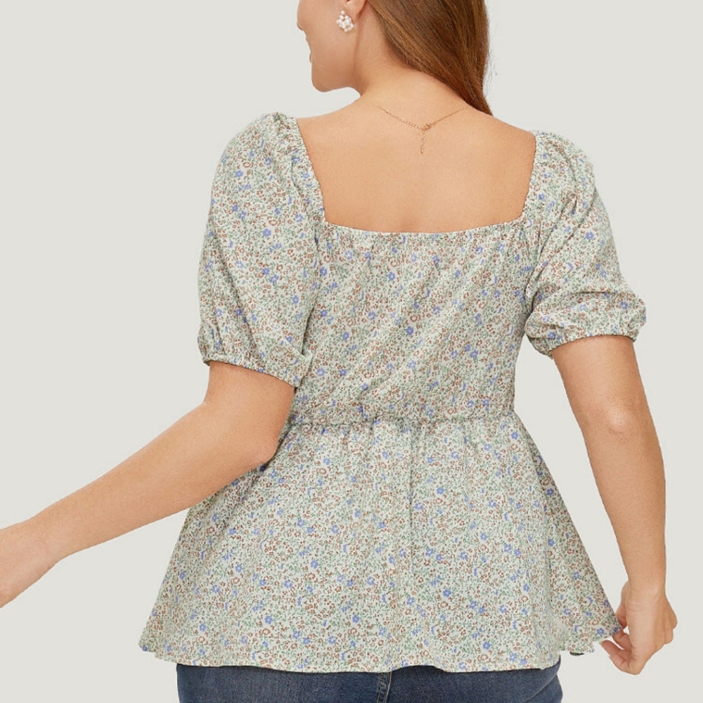 BloomChic Ditsy Floral Puff Sleeve Ruched Drawstring Blouse - Picture 2 of 12